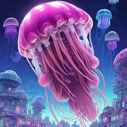 Prompt: A giant pink, purple, and blue jellyfish floats in the center of a futuristic town while an astronaut looks up at the jellyfish. The background is a futuristic city at night with smaller jellyfish floating through the night sky. 