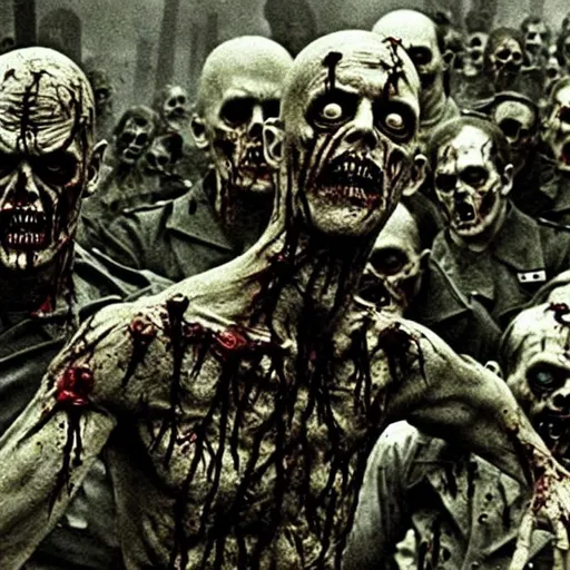 Prompt: zombie, nazi, realistic, nazi zombie, real-life, hyper-realistic, zombie hitler, undead, hitler, draugr, scabs, bruises, blood, violent, eugenics, murder, evil, angry, far-right