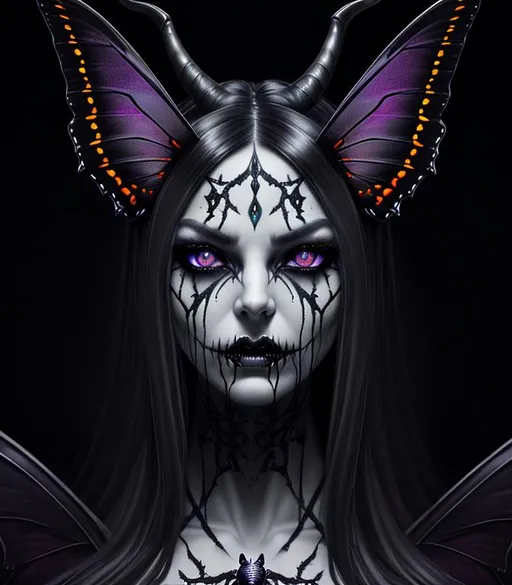 Prompt: Scary, Sinister, ominous, cinematic, dramatic, 3D, HD, [{horned}{Butterfly}, Beautiful big glossy seductive reflective eyes,]::2, {Greek}mythology, mist, expansive Celtic background, digital painting, uber detailed, 64k, high quality, sharp focus, studio photo, intricate details, highly detailed --s98500