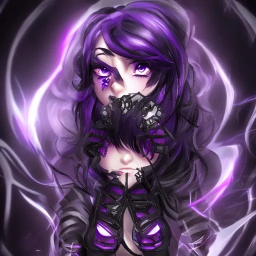 Prompt: A anime girl with silk black hair and purple eyes like spiders