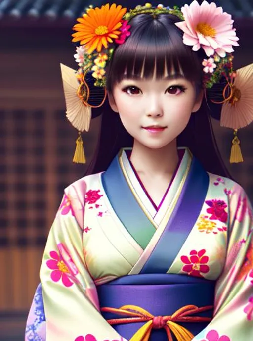 Prompt: high res,high detail,cute girl,full body shot,wearing kimono, hair adorned with colorful flowers,boots,smooth lighting,soft skin, detailed face, digital art, looking at camera