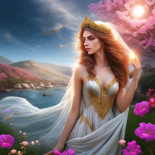 Prompt: HD 4k 3D 8k professional modeling photo hyper realistic beautiful young maiden women ethereal greek goddess of virtue
dark rose hair blue eyes gorgeous face fair freckled skin grecian embroidered dress gold crown  full body surrounded by magical glowing glorious light hd landscape background crossroads wildflowers trees 