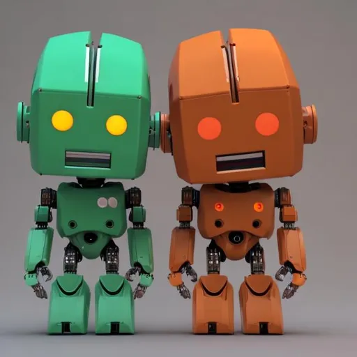Prompt: Create an image of one robot. The robot is green (#005030) and orange (#f47321). The robot has a human like appearance. The robot's head is smiling.
