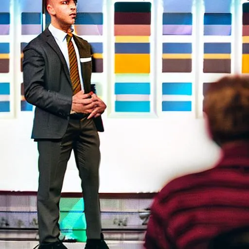 Prompt: man speaking on stage in front of judges

