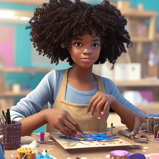 Prompt: Create an illustration of a young Black woman crafting with short dark brown curly hair. inside a craft room. hi-res. UHD, HDR. modern. futuristic. makers space. Ultra realistic. 3d rendering. 4k