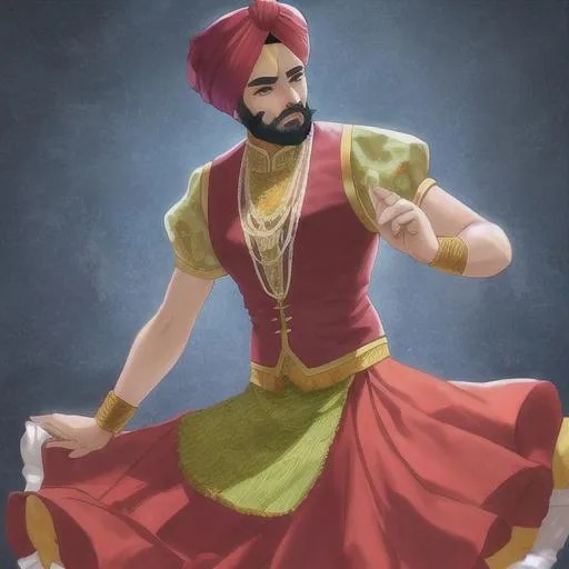 Prompt: Male bearded Bhangra dancer, anime, hyperrealism, traditional Bhangra attire