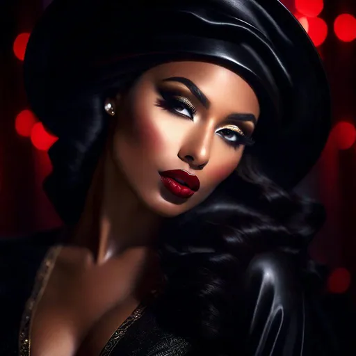 Prompt: black Delilah ruby lips from the bible, seductive ambience, detailed, photo realistic, cinematic lighting, 



