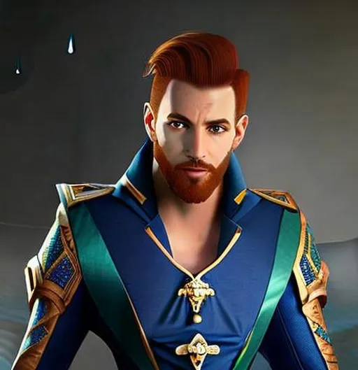 Prompt: Fantasy, Digital Art, warlock, Ginger, short hair, short beard, handsome, emerald eyes, D&D fantasy, dressed in blue suit, smiling, magic, genie bottle