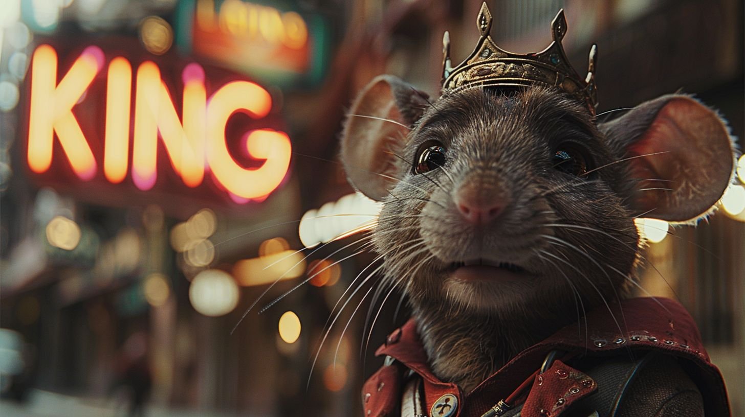 Prompt: heat signature of a anthropomorphic king rat wearing a crown and a septer, background is neon lite text "KING"