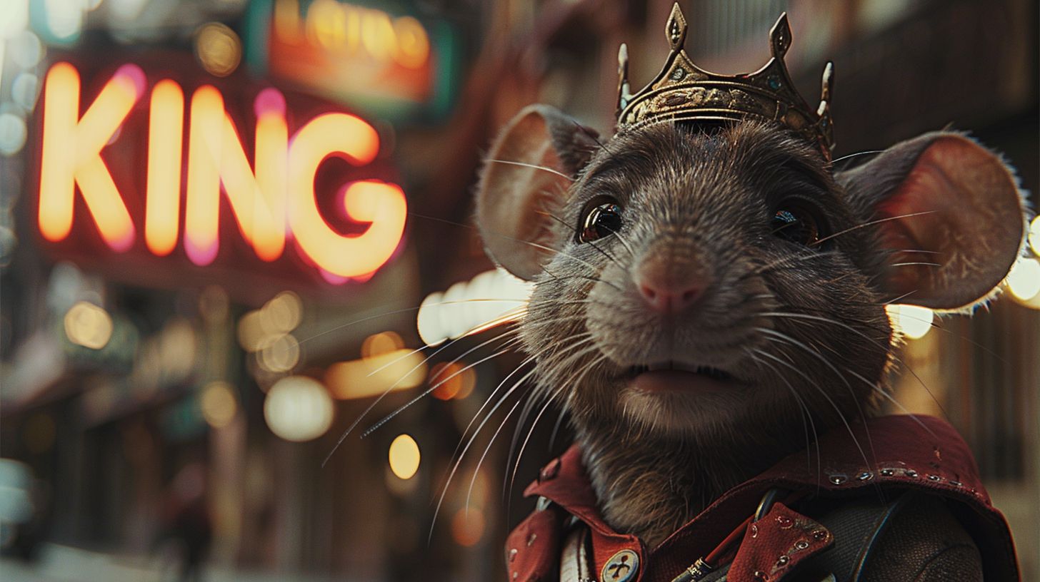 Prompt: heat signature of a anthropomorphic king rat wearing a crown and a septer, background is neon lite text "KING"