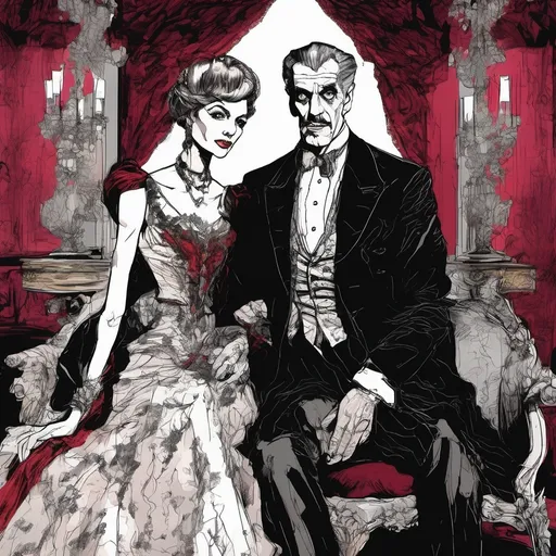 Prompt: (Boris Karloff and Vincent Price), Black and White pen and ink sketch style, dark color scheme, elegantly gothic attire, intricate details, dim lighting, dramatic shadows, opulent background, luxurious textures, ornate furniture, deep reds and blacks, baroque patterns, solemn atmosphere, rich color tones, dark romanticism, ultra-detailed, 4K, photorealistic masterpiece, timeless elegance.