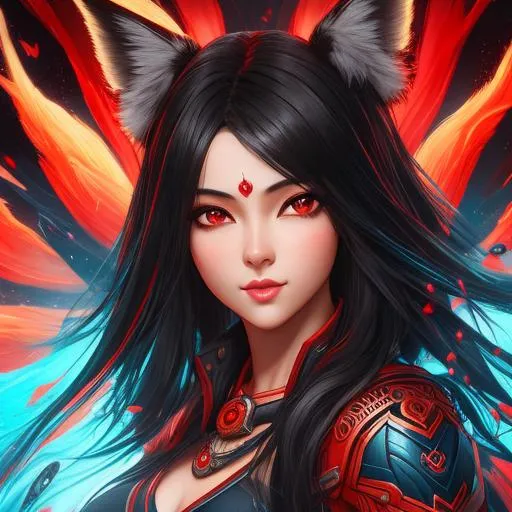 Cute female fox around 15 black hair and red eyes, s... | OpenArt