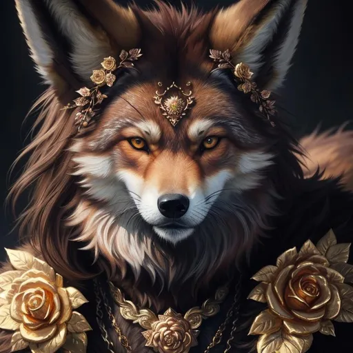 Prompt: masterpiece, epic oil painting, fantasy art, insanely beautiful portrait of a brawny rugged fox-wolf, (quadrupedal canine), UHD, HDR , 8k eyes, detailed face, big anime intense eyes, gold leaf wreath, dense rose-gold fur, close up, intricate details, insanely detailed, masterpiece, cinematic lighting, hyper realistic, hyper realistic fur, 8k, complementary colors, insanely beautiful and detailed mountain peak castle, golden ratio, high octane render, photo realism, volumetric lighting, glaring, growling, wise, depth, high definition face, highly detailed intense shading, unreal 5, concept art, artstation, top model, sunlight on hair, sparkling gold jewels on crest, intricate hyper detailed breathtaking colorful glamorous scenic view landscape, ultra-fine details, hyper-focused, deep colors, intense colors, dramatic lighting, ambient lighting, by sakimi chan, anne stokes, artgerm, wlop, pixiv, tumblr, instagram, deviantart