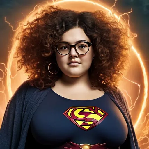 Prompt: 
witch plus-size girl with curly hair and glasses in a superhero movie