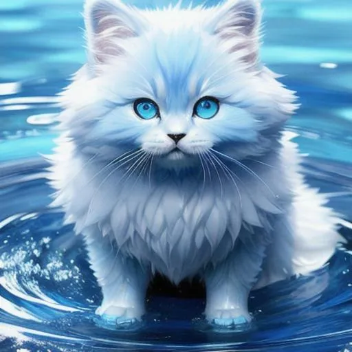 Prompt: Cute, blue, fluffy, liquid cat, possessing the element of water and making the water move around itself. Perfect features, extremely detailed, realistic. Krenz Cushart + loish +gaston bussiere +craig mullins, j. c. leyendecker +Artgerm.