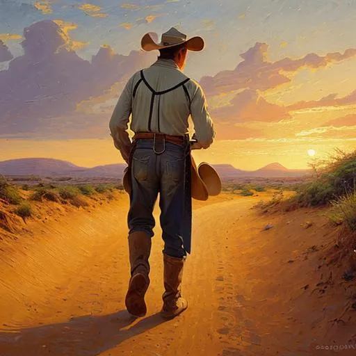 Prompt: cowboy walking into the sunset down a sandy path in style of Peder Mork Monsted