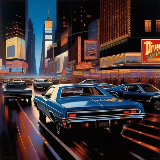 Prompt: Driver Parallel, car chase, late 70's, Times Square, New York City at night, realistic, warm blue atmosphere, extremely detailed painting by Greg Rutkowski and by Henry Justice Ford and by Steve Henderson