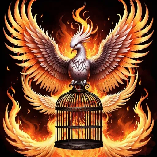 Prompt: phoenix wings on fire breaking large birdcage, make the scene ghostly,  make background as fields on fire, add unalome on wings