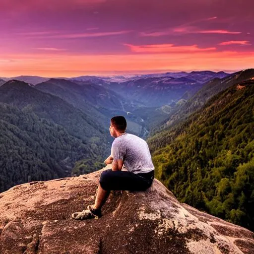 Prompt: sad man sitting on a cliff looking over the valley, full body,  sunset, frees, mountains, sad 