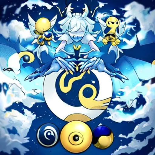 Prompt: A azure dragon with no wings flying on clouds with. a golden yin and yang ball in its hands inspired by a pokemon