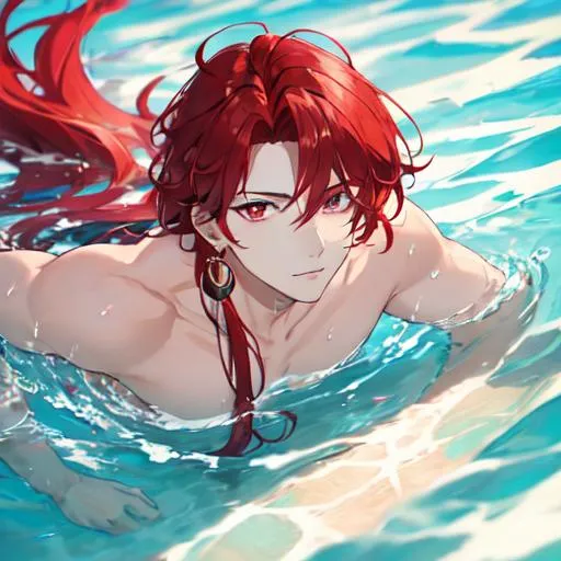Prompt: Zerif 1male (Red side-swept hair covering his right eye) 8K, UHD, best quality, swimming in the water