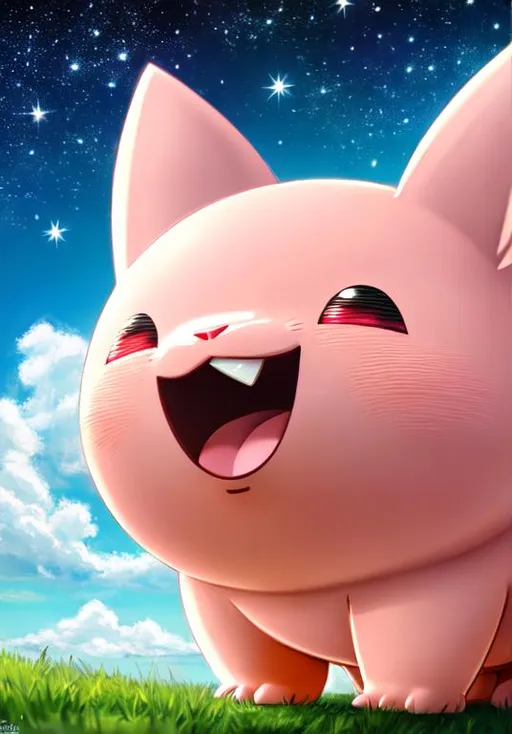 Prompt: UHD, , 8k,  oil painting, Anime,  Very detailed, zoomed out view of character, HD, High Quality, Anime, , Pokemon, Clefairy is a bipedal, pink Pokémon with a chubby vaguely star-shaped body. A small, pointed tooth protrudes from the upper left corner of its mouth. It has wrinkles beside its black, oval eyes, a dark pink oval marking on each cheek, and large, pointed ears with brown tips. A tuft of fur curls over its forehead, much like its large, upward-curling tail. Each stocky arm has two small claws and a thumb on each hand and both feet have a single toenail. There is a pair of tiny, butterfly-shaped wings on its back. Though incapable of flight, Clefairy's wings can store moonlight and allow it to float.

Clefairy is very shy and rarely shows itself to humans. On the rare occasions it does come down from its mountain home, it can be seen dancing under the light of the full moon. The area surrounding their dance in enveloped in a magnetic field. Once the sun starts to rise, it returns home where it sleeps nestled with other Clefairy.
Pokémon by Frank Frazetta