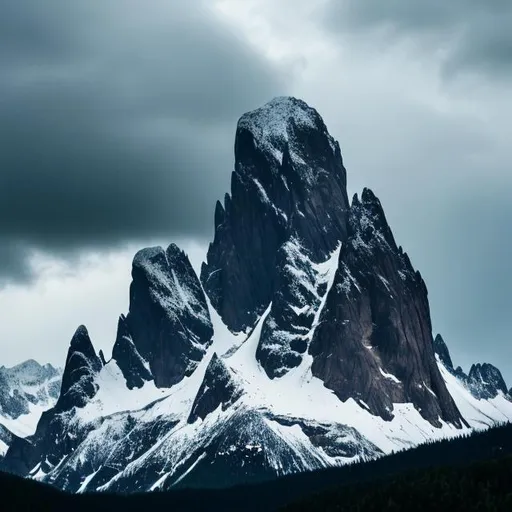 Prompt: crooked snowy mountain, gray clouds, foreboding