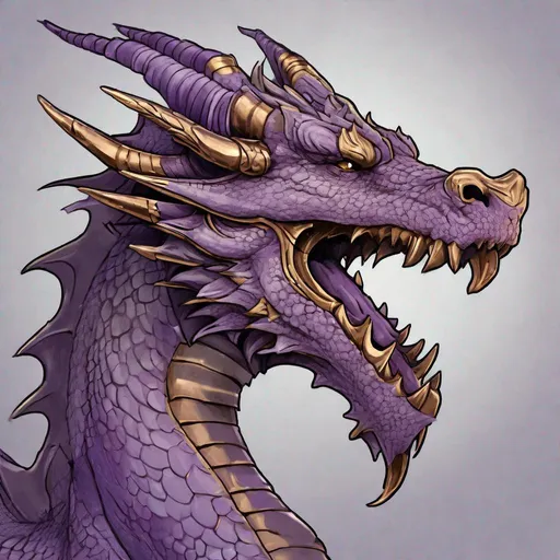 Prompt: Concept design of a dragon. Dragon head portrait. Coloring in the dragon is predominantly grayish purple with bronze streaks and details present.