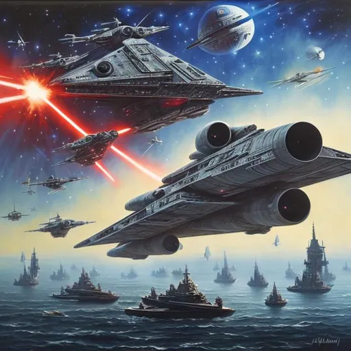 Prompt: Similar to Star Wars, Galactic battle, vintage futuristic ships, starfighters, oil painting, realism, good versus evil, planet in distance, mother ship