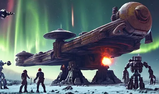 Prompt: ancient huge old rusty spaceship getting repaired  by robots dead planet sparks fire welding people working aurora many colours   guard drinking milk enhance detail turret on spaceship real soldier thin landing gears symmetrical ship laser warzone dead body's on ground gun fight pew pew