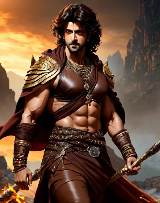 Prompt: Bollywood actor Hrithik Roshan, 35 years old, brown dragon armor, sleeveless, determined, fierce, hero, dirty, cloak, dramatic, human, cinematic lighting, caustic, cave background, brown wild hair, brown eyes, battlefield, ethereal, jewelry set, handsome, royal vibe, highly detailed, digital painting, Trending on artstation , HD quality, tan skin,artgerm, by Ilya Kuvshinov