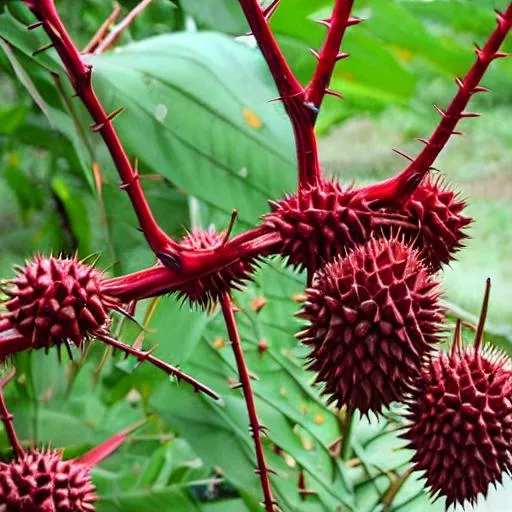 Prompt: red thorny fruit
thorns are big like durian
dark setting blood red leaves