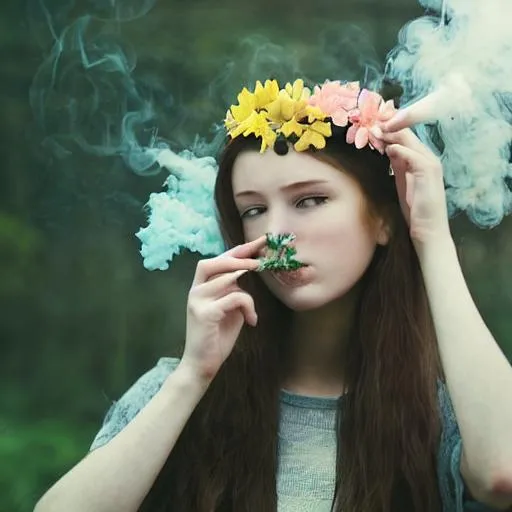 Prompt: Mysterious, flower, girl, cute girl, beautiful, pastel, smoke, long hair