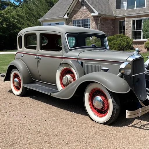 Prompt: an old 1930's car parked in a dirt driveway