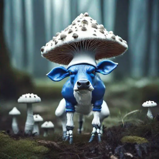 Prompt: Bipedal creature resembling a cow, white fur, wearing a blue-grey spiked mushroom cap, in a forest of mushrooms, masterpiece, best quality, wonderland style
