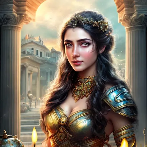 Prompt: HD 4k 3D 8k professional modeling photo hyper realistic beautiful warrior woman ethereal greek goddess of reason, wisdom, intelligence, skill, peace, warfare, battle strategy, and handicrafts.
brunette hair grey eyes gorgeous face fair skin olive green shimmering dress full body surrounded by magical heroic glowing light hd landscape background of enchanting athenian library artwork weapons owls candles