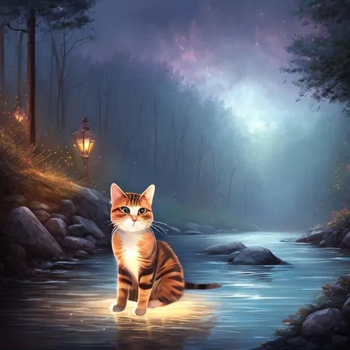 Prompt: emotional cat setting by a river mourning dramatic lighting full body full portrait far away digital adorable special fanciful cute cute cute cute cute