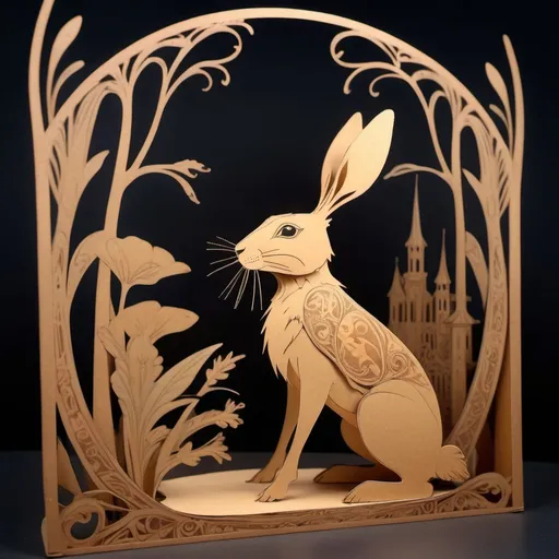 Prompt: figurine of a hare from the fairy tale about the teremok, cardboard toy, outline, silhouette theater