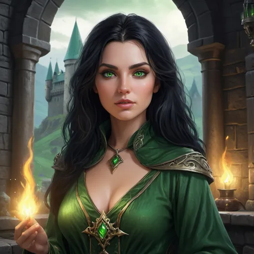 Prompt: beautiful human Lady wizard 28 years old black hair, green eyes, 4k, ultra HD, detailed, DnD 5e, castle setting, detailed eyes, epic fantasy, high-quality rendering, atmospheric lighting