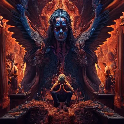 Prompt: man who is having a psychedelic hallucination of angels and demons seated on a chair with his head in his hands detailed faces hyper realistic extremely detailed dark cinematic 4K