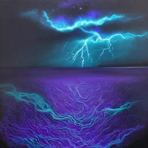 Prompt: Portrait painting. Top half is dark void of stars and galaxies, in colours of violet and indigo. Bottom half is ocean with bioluminescent creatures with glowing eyes. A lightning spans from the top to th e bottom