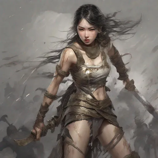 Prompt: splash art, hyper detailed perfect face, full body, In an ultra realistic ancient Greek battle zone,

beautiful, young adult, Asian, Victorian Era, goddess, full body, long legs, perfect body,

wearing a torn filthy and ragged dress, heavy iron slave collar, sword master, in an offensive pose,

high-resolution cute face, perfect proportions, intricate hyper detailed hair, light makeup, sparkling, highly detailed, intricate hyper detailed shining eyes,

Dark, ethereal, elegant, exquisite, graceful, delicate, intricate, hopeful, glamorous,

HDR, UHD, high res, 64k, cinematic lighting, special effects, hd octane render, professional photograph, studio lighting, trending on artstation