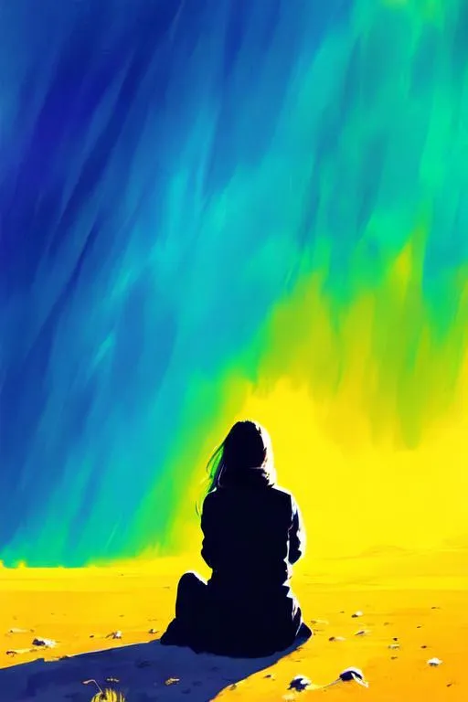 Prompt: illustration of a woman sitting on the ground, back facing us, head facing up, thinking, bright surroundings, looking at a nice scenery