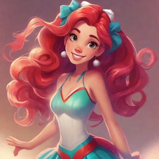 Prompt: Vivid, detailed, Disney art style, full body, Ariel Disney Princess, Hair part on left side, full body, cute, cheerleader