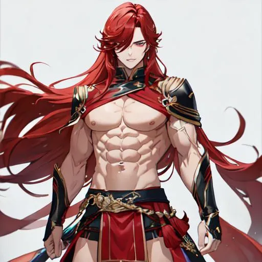Prompt: Zerif 1male (Red side-swept hair covering his right eye) muscular, UHD, 8K, Highly detailed, insane detail, best quality, high quality. wearing a skirt