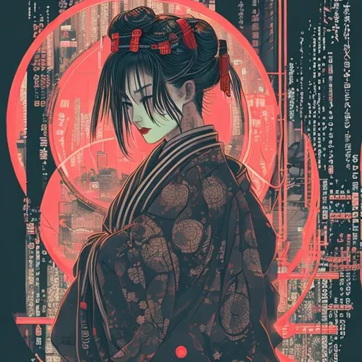 Prompt: Japanese geisha, cyberpunk， limitless, art, circle, one color background
