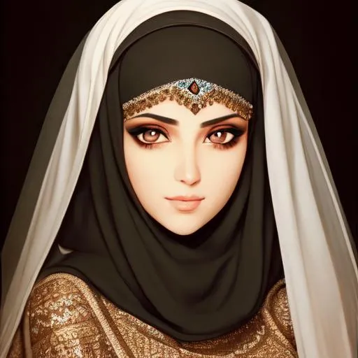 Prompt: portrait of {Arabic female}, [veil], [Beautiful black eyes], [pretty face], 4k.
