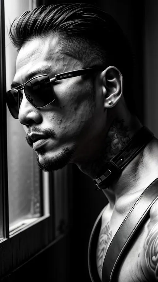 Prompt: Sensual, tattooed, shirtless japanese man, wearing sunglasses and a strapped leather harness, in an abandoned place near a window, cinematic, close-up bust portrait, grayscale, hyperrealistic, hyperdetailed, ambient light, perfect composition, provocative, textured skin, high contrast, profile portrait, 16K.