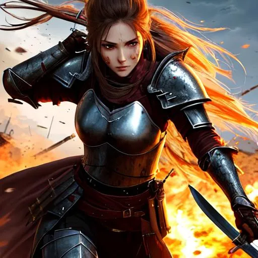 Prompt: war torn woman, female knight, long hair, realistic, holding a sword, battlefield in backround, blood running down face, injury