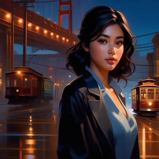 Prompt: Third person, gameplay, Korean-American girl, olive skin, black hair, brown eyes, 2020s, smartphone, San Francisco at night, fog, blue atmosphere, cartoony style, extremely detailed painting by Greg Rutkowski and by Henry Justice Ford and by Steve Henderson 

